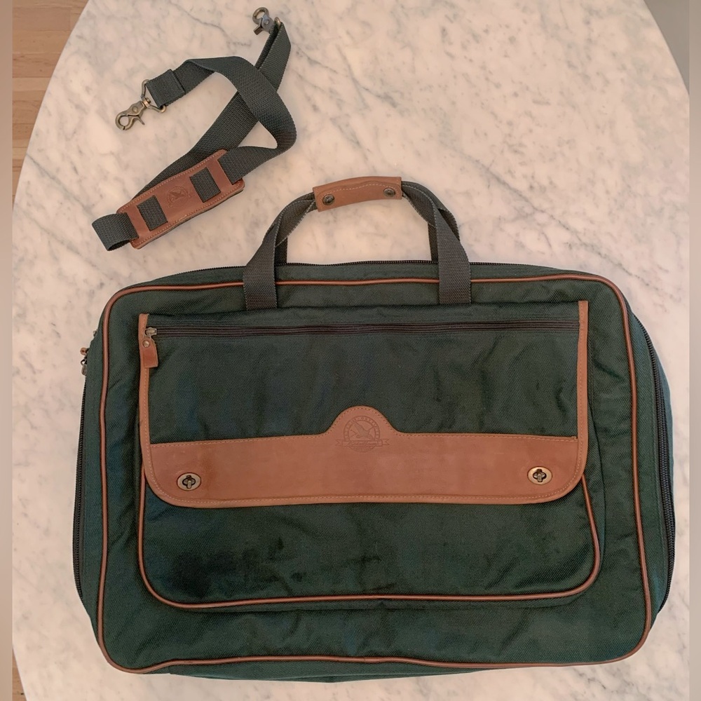 Vintage Eddie Bauer soft suitcase in classic forest green with tan leather trim